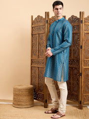 Teal Ethnic Motifs Printed Mandarin Collar A-Line Kurta