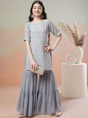Girls Grey Floral Embroidered Round Neck Thread Work Kurta with Sharara