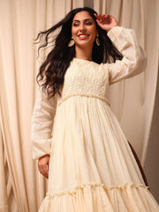 Off White Floral Embroidered Tiered Dress