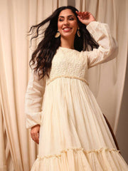 Off White Floral Embroidered Tiered Dress