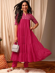 Pink Women Ethnic Motifs Embroidered Tiered Thread Work Kurta with Trousers