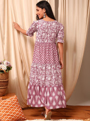 Pink and white Floral Printed Tiered Ethnic Dress