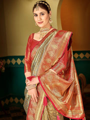 Women Gold Soft Silk Zari Woven Traditional Saree with Swaroski Diamonds