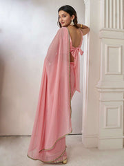 Pink Mirror Work Poly Georgette Saree