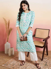 Green Round Neck Ethnic Motifs Printed Chikankari Straight Kurta with Palazzos