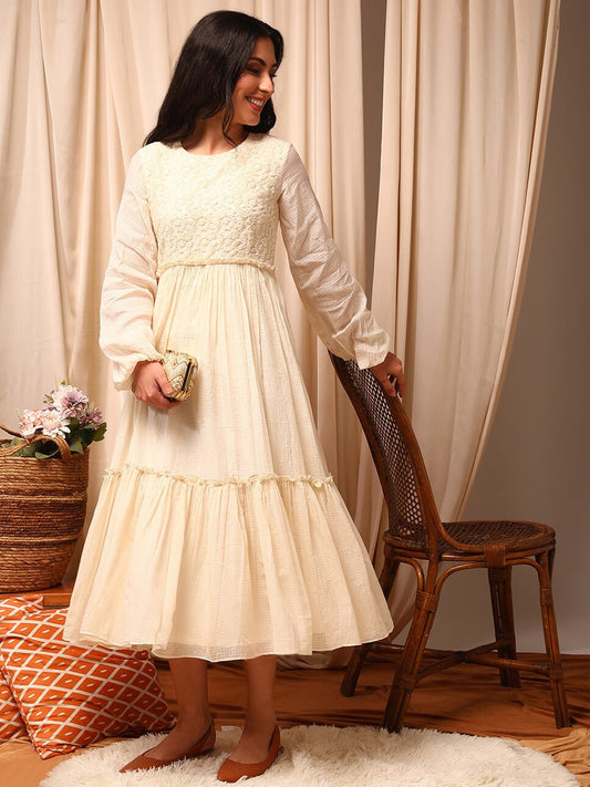 Off White Floral Embroidered Tiered Dress