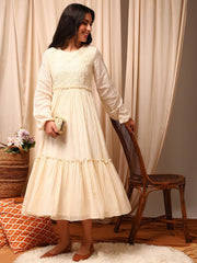 Off White Floral Embroidered Tiered Dress