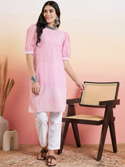 Pink & White Floral Embroidered Thread Work Pure Cotton Straight Kurta & Trouser