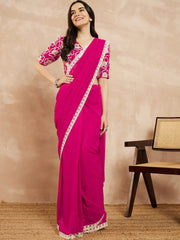 Magenta Embroidered Poly Georgette Saree