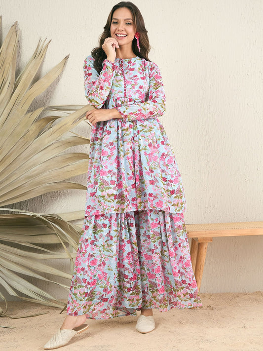 Blue Round Neck Long Sleeves Floral Printed Anarkali Kurta with Sharara