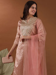 Pink Ethnic Motifs Woven Design Notched Neck Thread Work Kurta with Trousers & Dupatta