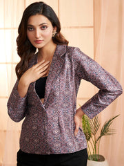 Mauve Floral Printed Lapel Collar Formal Tailored Jacket