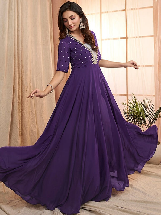 Purple Floral Embroidered V-Neck Georgette Maxi Ethnic Motifs Dress