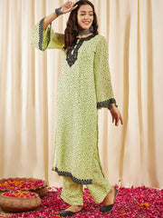 Women Green Printed Regular Thread Work Kurta with Palazzos