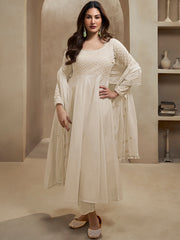 Amyra Dastur Off white Sequinned Embroidered Empire Thread Work Anarkali Kurta with Trousers & Dupatta