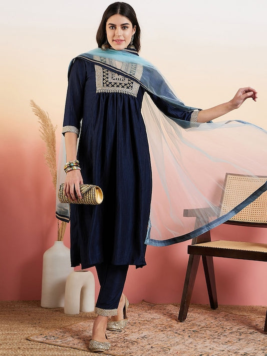 Navy Blue Yoke Design Pleated A-Line Flared Kurta With Trousers & Dupatta