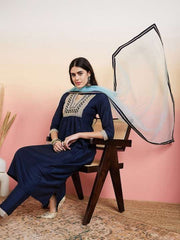 Navy Blue Yoke Design Pleated A-Line Flared Kurta With Trousers & Dupatta