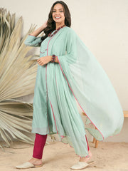 Green Self Design Chanderi Cotton A-Line Kurta With Trousers & Dupatta