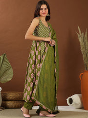 Women Green Floral Printed Empire Gotta Patti Pure Cotton Kurta with Trousers & With Dupatta