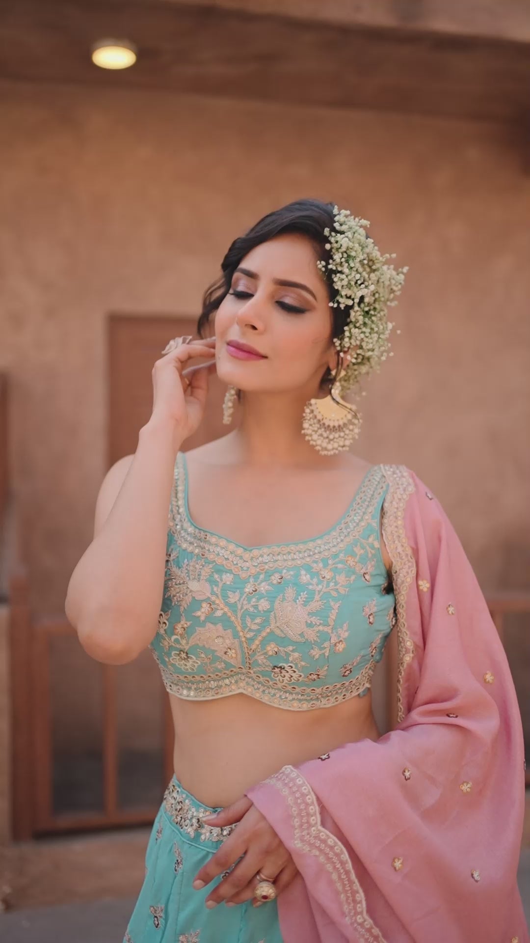 Turquoise blue Satin Silk Sequins embroidery Semi-Stitched Lehenga choli and Dupatta