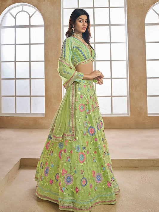 Green and pink Readymade embroidered lehenga choli with dupatta (Copy)