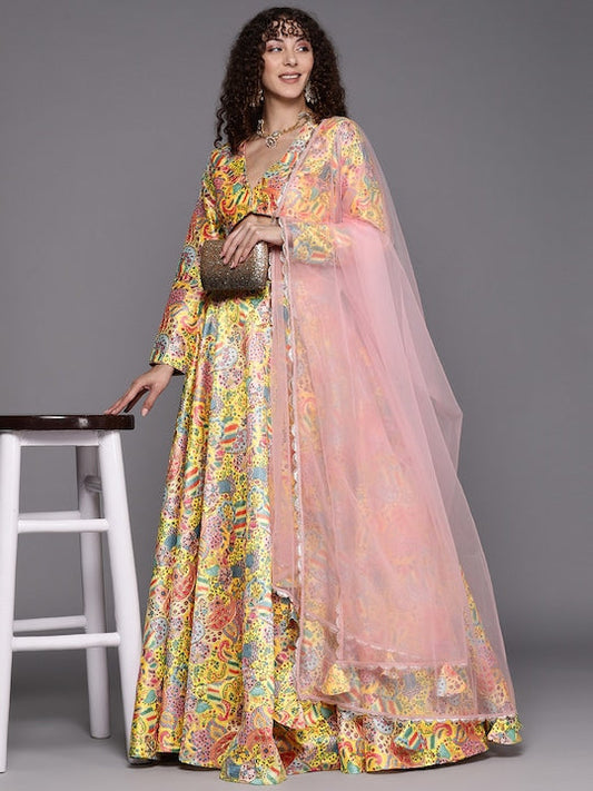 Yellow Readymade embroidered lehenga choli with dupatta