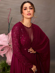 Malaika Arora Maroon Floral Embroidered Gown