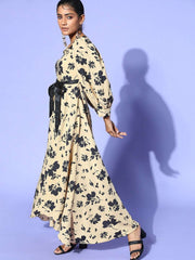Beige Crepe Floral Printed Partywear Dress with Belt