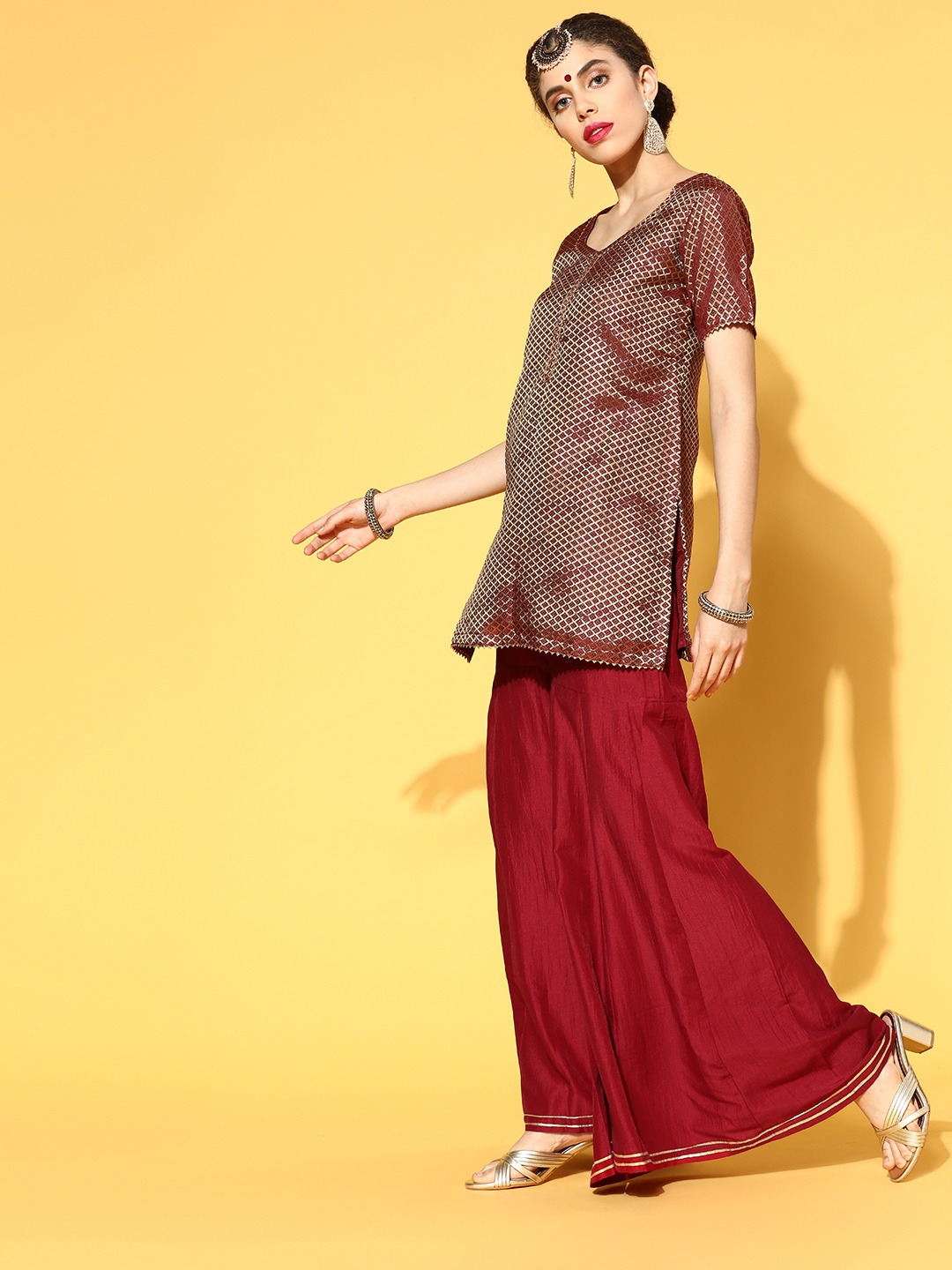 impressive maroon silk blend woven design kurta set
