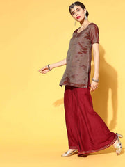 impressive maroon silk blend woven design kurta set
