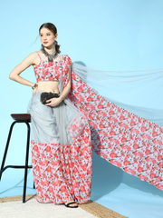 Grey Pink Floral Printed Ruffle Saree with Blouse Piece