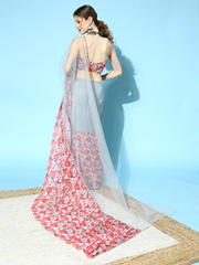 Grey Pink Floral Printed Ruffle Saree with Blouse Piece