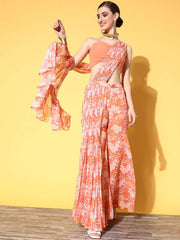 Women Pink Orange Floral Printed Sharara Drape Ruffle Saree with Blouse Piece