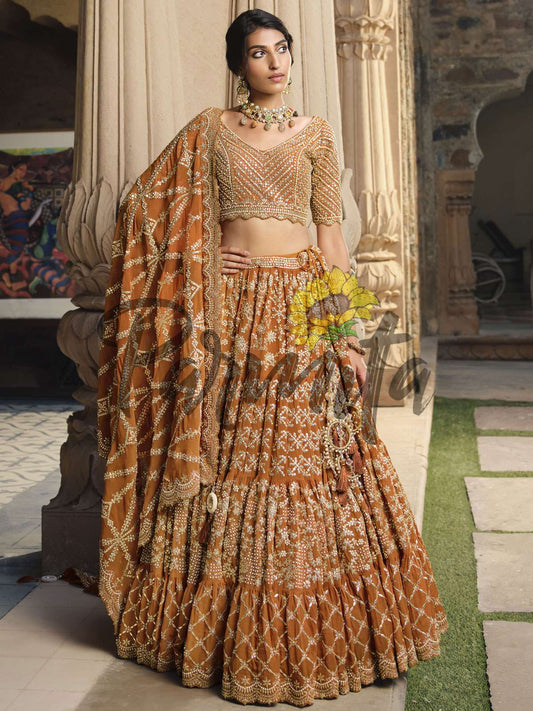 Rust Hand Embroidered Lehenga Choli Set