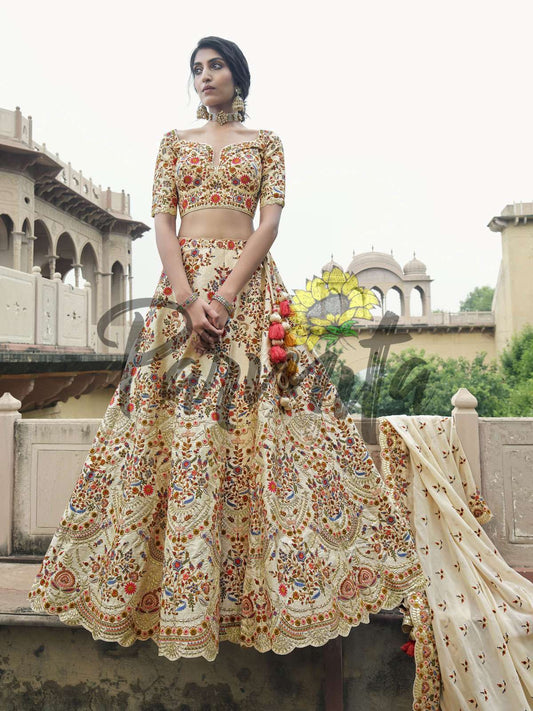Cream Hand Embroidered Lehenga Choli Set