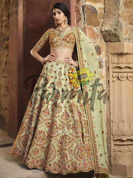 Mehndi Green Hand Embroidered Lehenga Choli Set