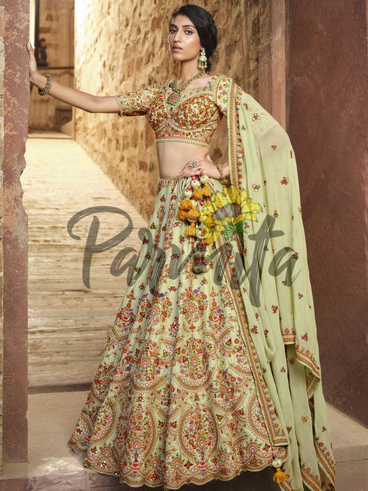 Mehndi Green Hand Embroidered Lehenga Choli Set
