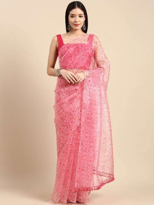 Pink Floral Digital Print Saree - Inddus.com