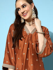 Women Rust Ethnic Motifs Embroidered Kurta with Trousers