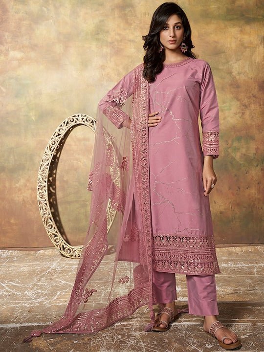 Abstract Printed Regular Sequinned Pure Silk Kurta with Trousers Dup Inddus