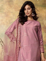 Abstract Printed Regular Sequinned Pure Silk Kurta with Trousers & Dupatta - Inddus.com