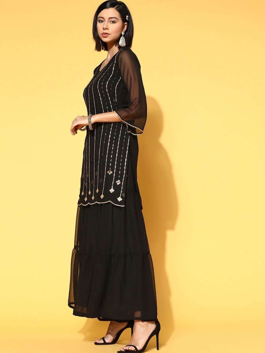 adorable black poly georgette embroidered kurta set
