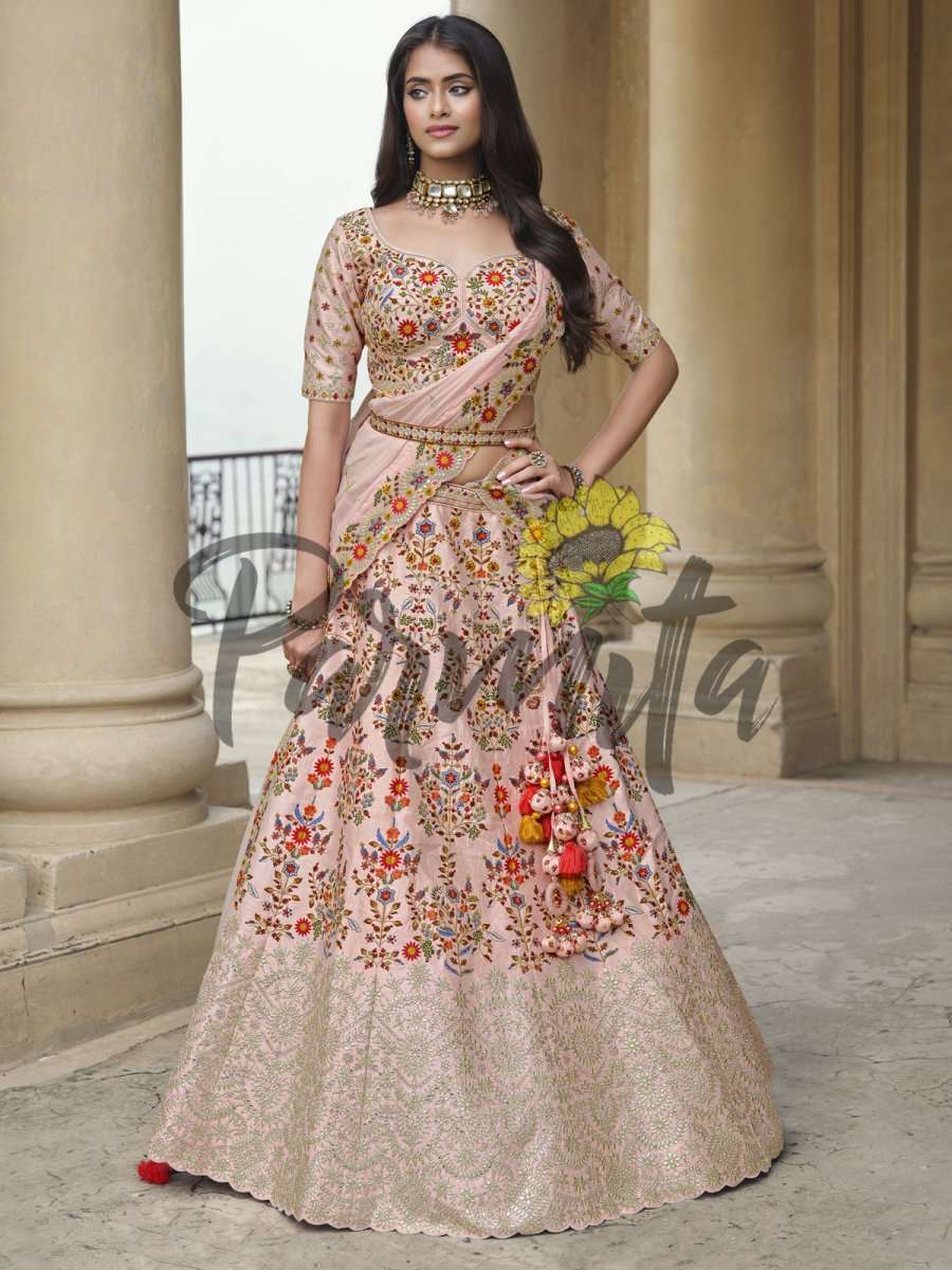 Baby Pink Hand Embroidered Lehenga Choli Set - Inddus.com