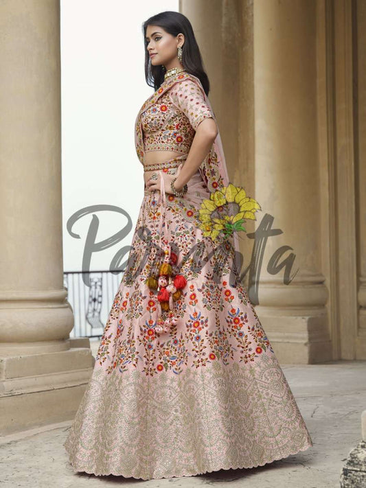 Baby Pink Hand Embroidered Lehenga Choli Set - Inddus.com