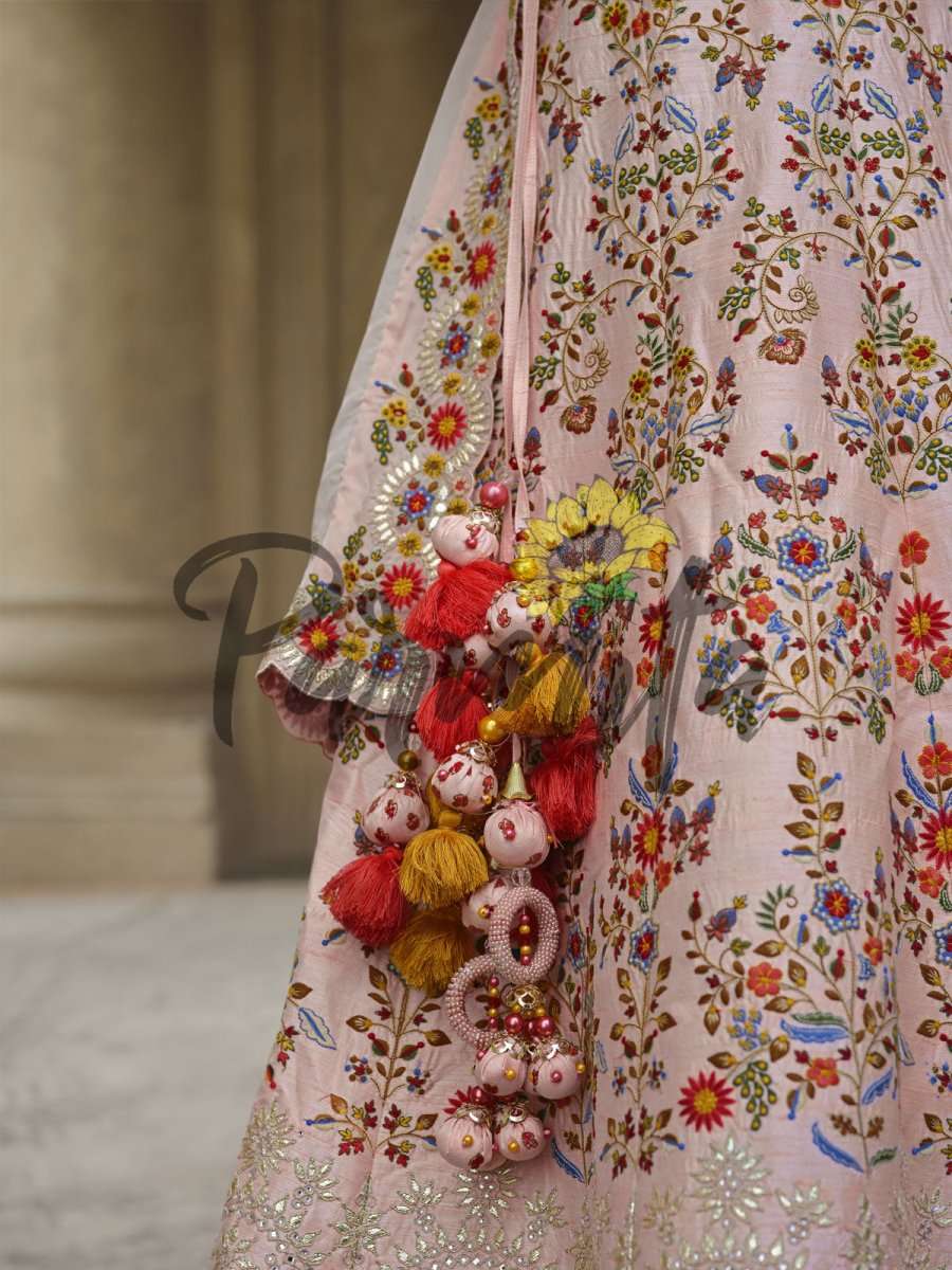 Baby Pink Hand Embroidered Lehenga Choli Set - Inddus.com