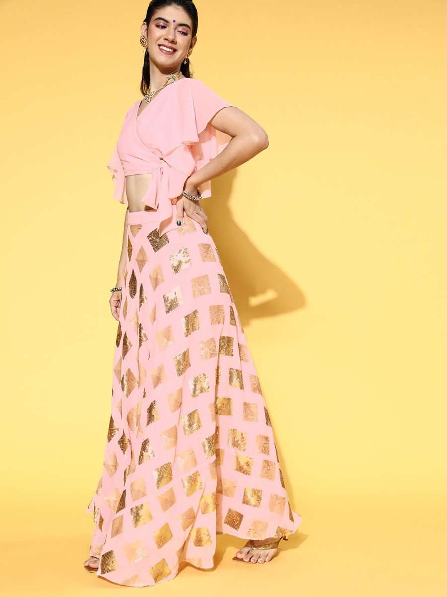 Baby Pink Solid Top & Sequinned Embroidered Skirt - Inddus.com