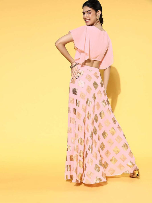 Baby Pink Solid Top & Sequinned Embroidered Skirt - Inddus.com