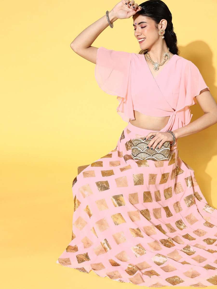 Baby Pink Solid Top & Sequinned Embroidered Skirt - Inddus.com