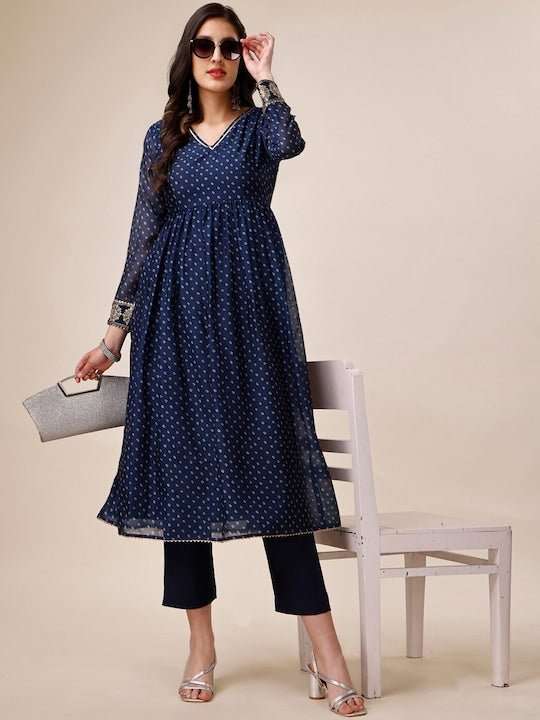 Bandhani Printed V-Neck Chanderi Cotton Kurta with Trousers - Inddus.com