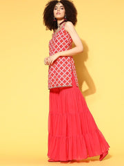 beautiful pink poly georgette embroidered kurta set